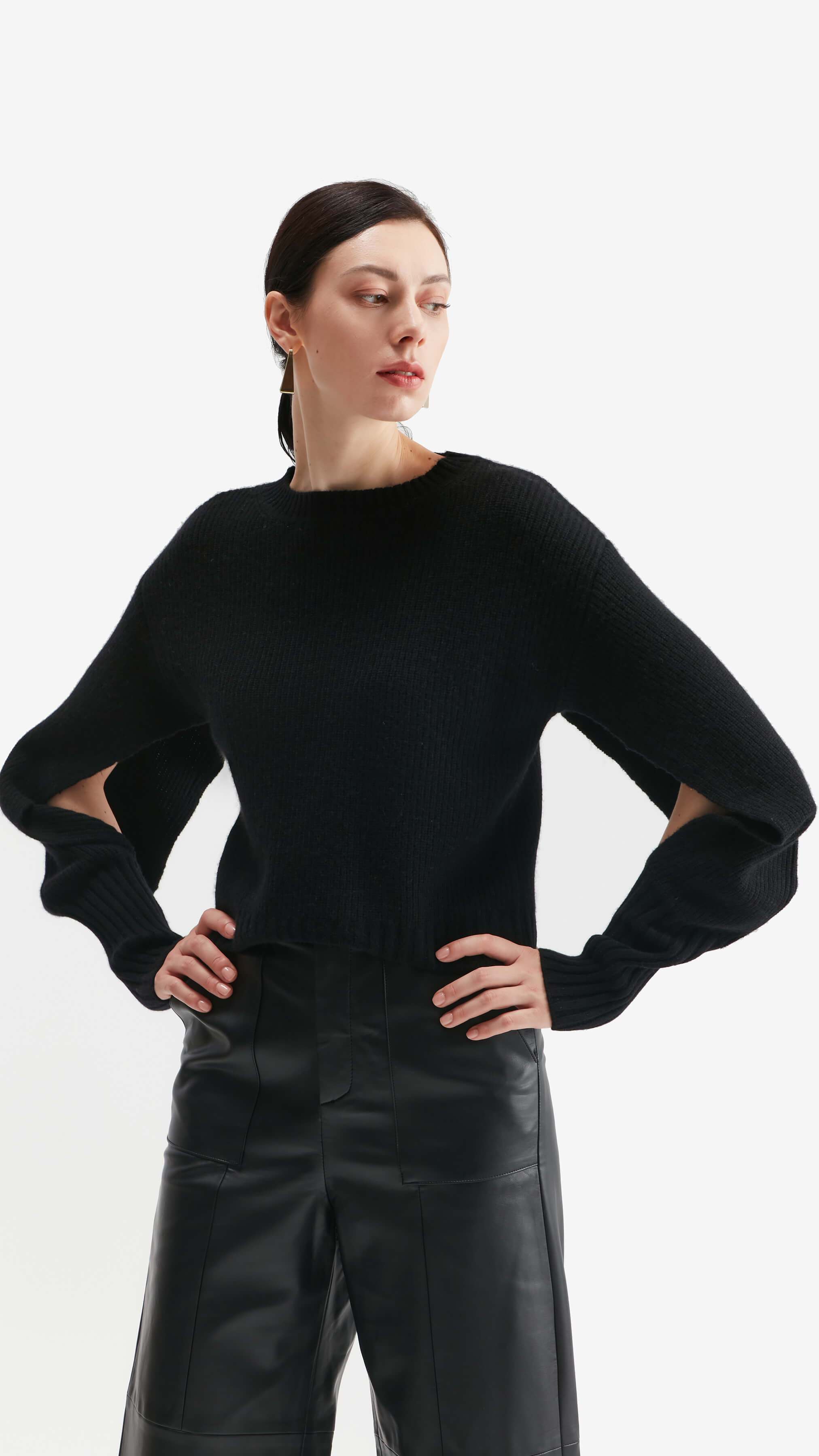 Fashion Design Black Cashmere Crewneck -Pullover