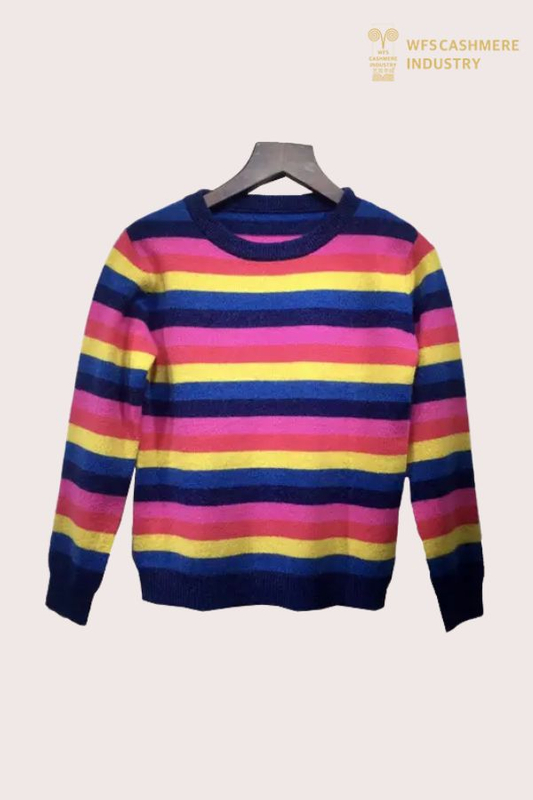 Hochwertiger dreifarbig gestreifter Pullover aus reinem Kaschmir für Mädchen | Maßgeschneiderte Kinderstrickwaren OEM