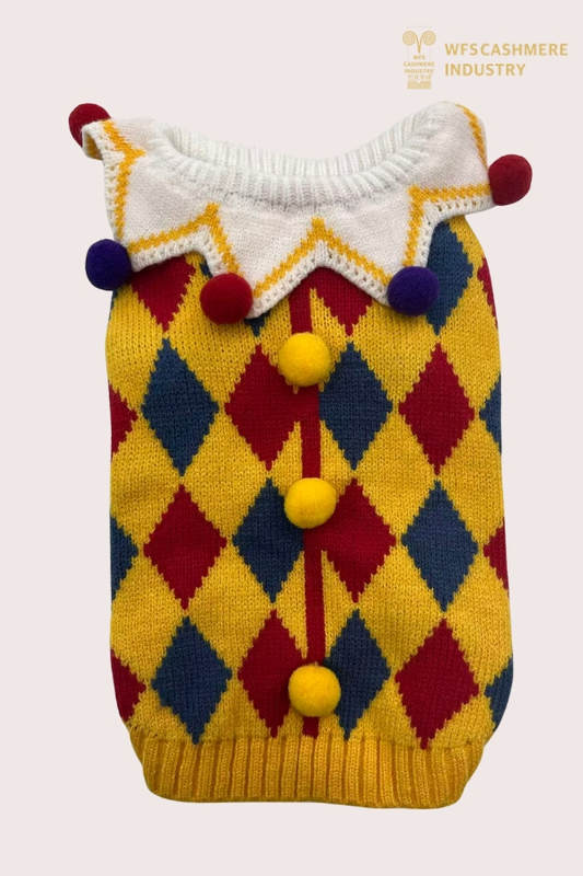 7GG Harlequin Jester Haustierpullover mit Pom-Pom-Kragen | Kostüm Haustier Strickwaren OEM