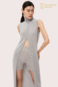 Luxuriöses Damenkleid aus reinem Kaschmir mit Stehkragen in Grau | Premium-Pulloverkleid OEM-Hersteller