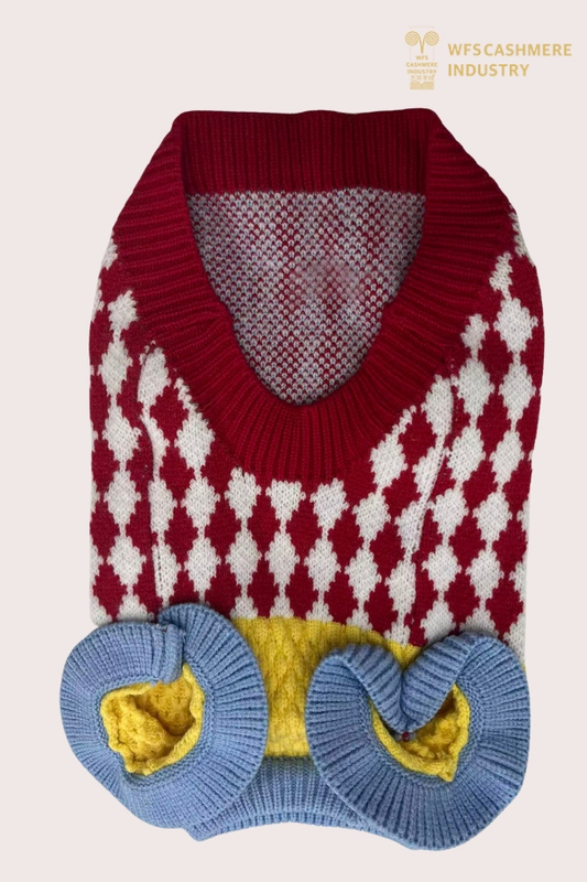 7GG Argyle-Haustierpullover mit V-Ausschnitt und Farbblockdesign | Preppy Pet Strickwaren OEM