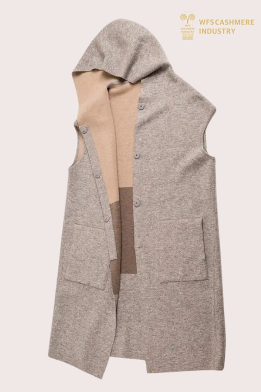 Langer, ärmelloser Kapuzen-Cardigan für Damen aus Doubleface-Wolle und Kaschmir | Kundenspezifischer OEM