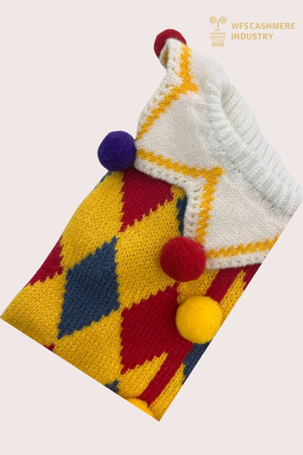 7GG Harlequin Jester Haustierpullover mit Pom-Pom-Kragen | Kostüm Haustier Strickwaren OEM