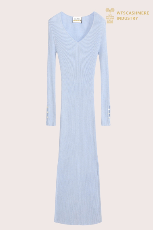 Elegantes langes Kleid aus Kaschmir mit V-Ausschnitt für Damen | Luxus-Strickwaren-OEM-Hersteller