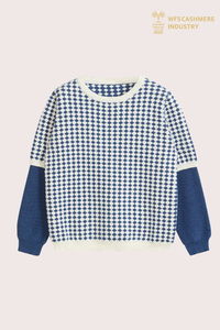 Blauer Pullover aus Baumwoll-Kaschmir-Pullover mit Schachbrett-Patchwork für Jungen | Intarsien-Kinderstrickwaren OEM