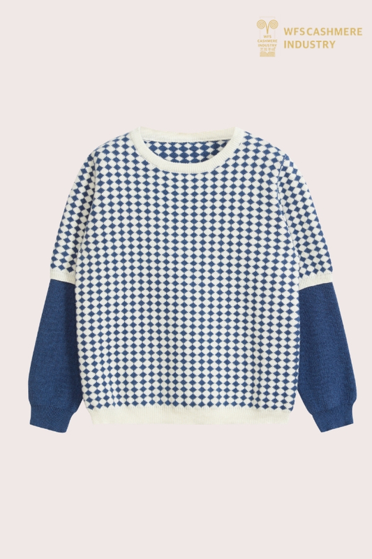 Blauer Pullover aus Baumwoll-Kaschmir-Pullover mit Schachbrett-Patchwork für Jungen | Intarsien-Kinderstrickwaren OEM